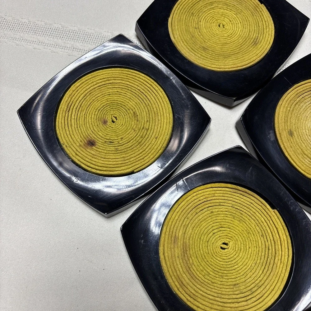 Vintage MCM Mid Century Set of 6 Plastic Drink Coasters Black Yellow